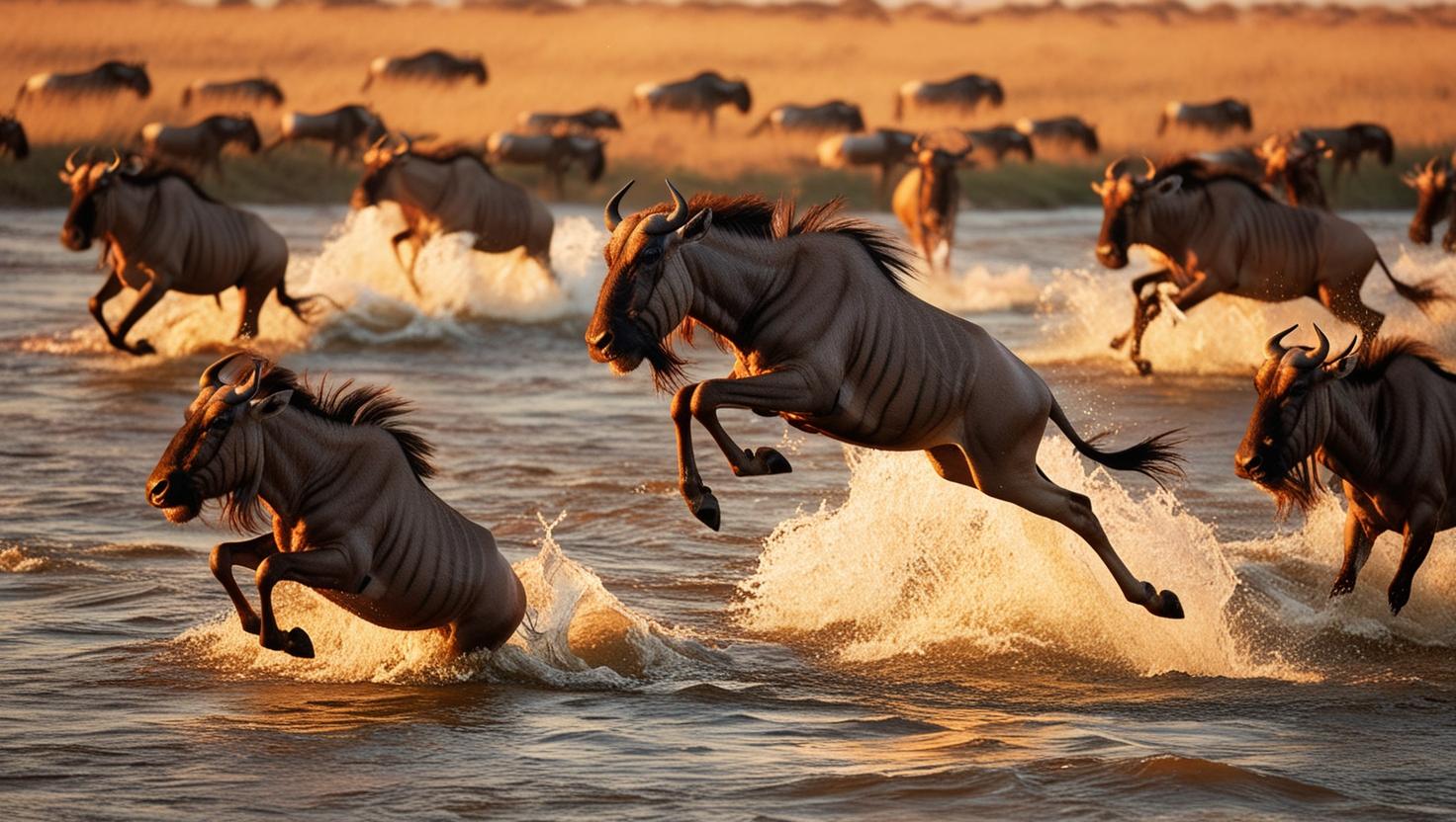 wildbeast migration crossing river mara one on top jumping